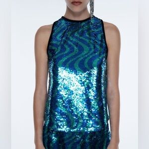 Zara Sequin Abstract Retro Print High Neck Relaxed Fit Sleeveless Top